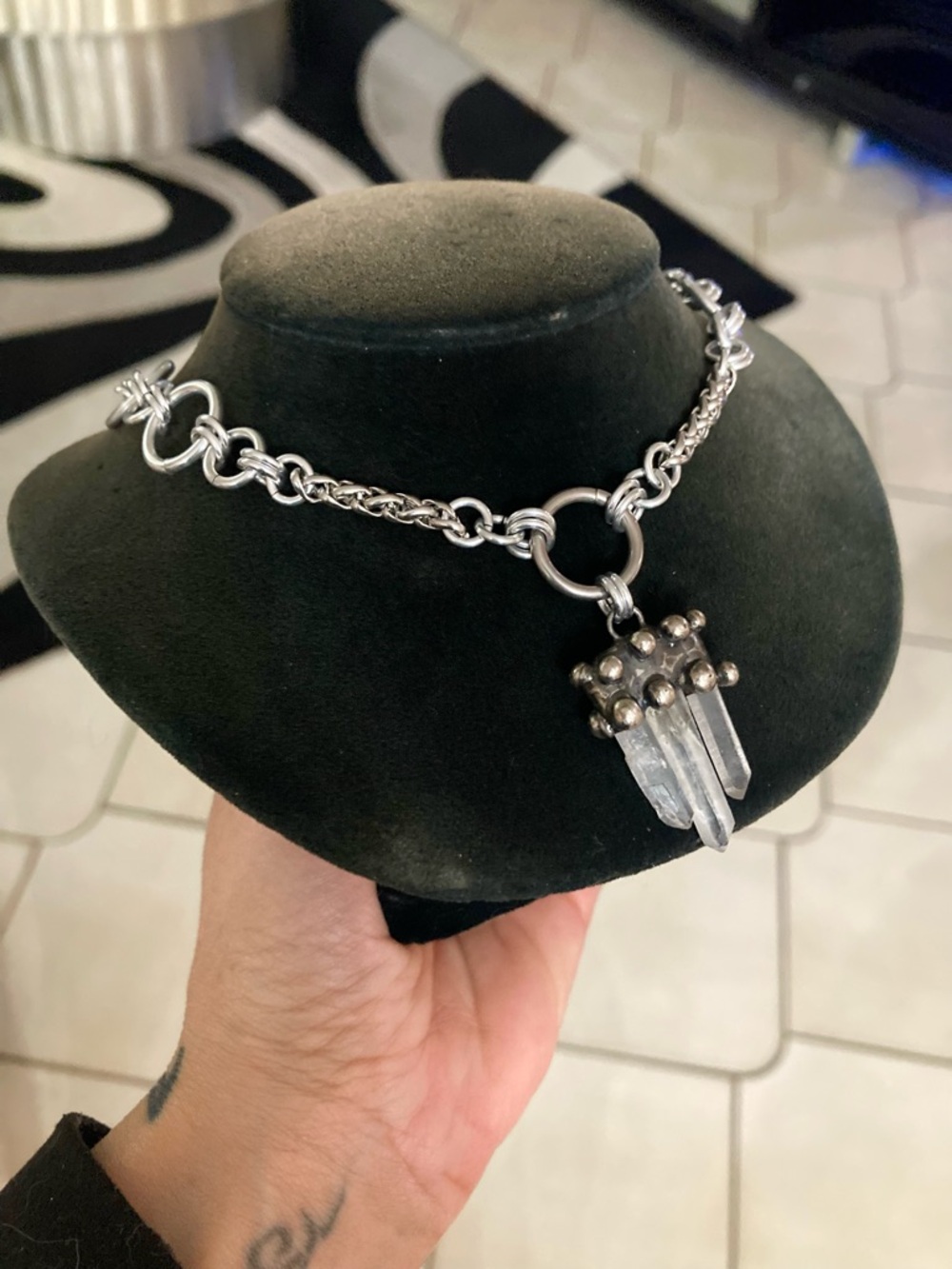 Handmade Genuine raw crystal quartz maille stainless steel boho goth necklace - Picture 10 of 16